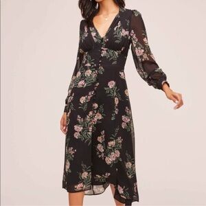 ASTR Dress Sz Medium Black Floral Botton Bodice Long Sleeve Front Buttons‎ Midi